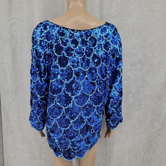 Isabelle 80s Vintage Silk Beaded Sequin Blouse Mermaid Fishscale Pattern Blue - Picture 5 of 9